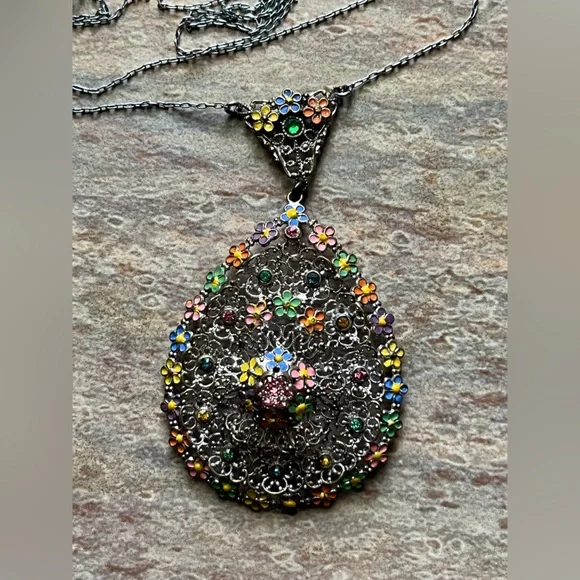 Art Deco Rhodium Plated And Enamel Painted Floral Design LavaliereStyle Necklace - Picture 7 of 16